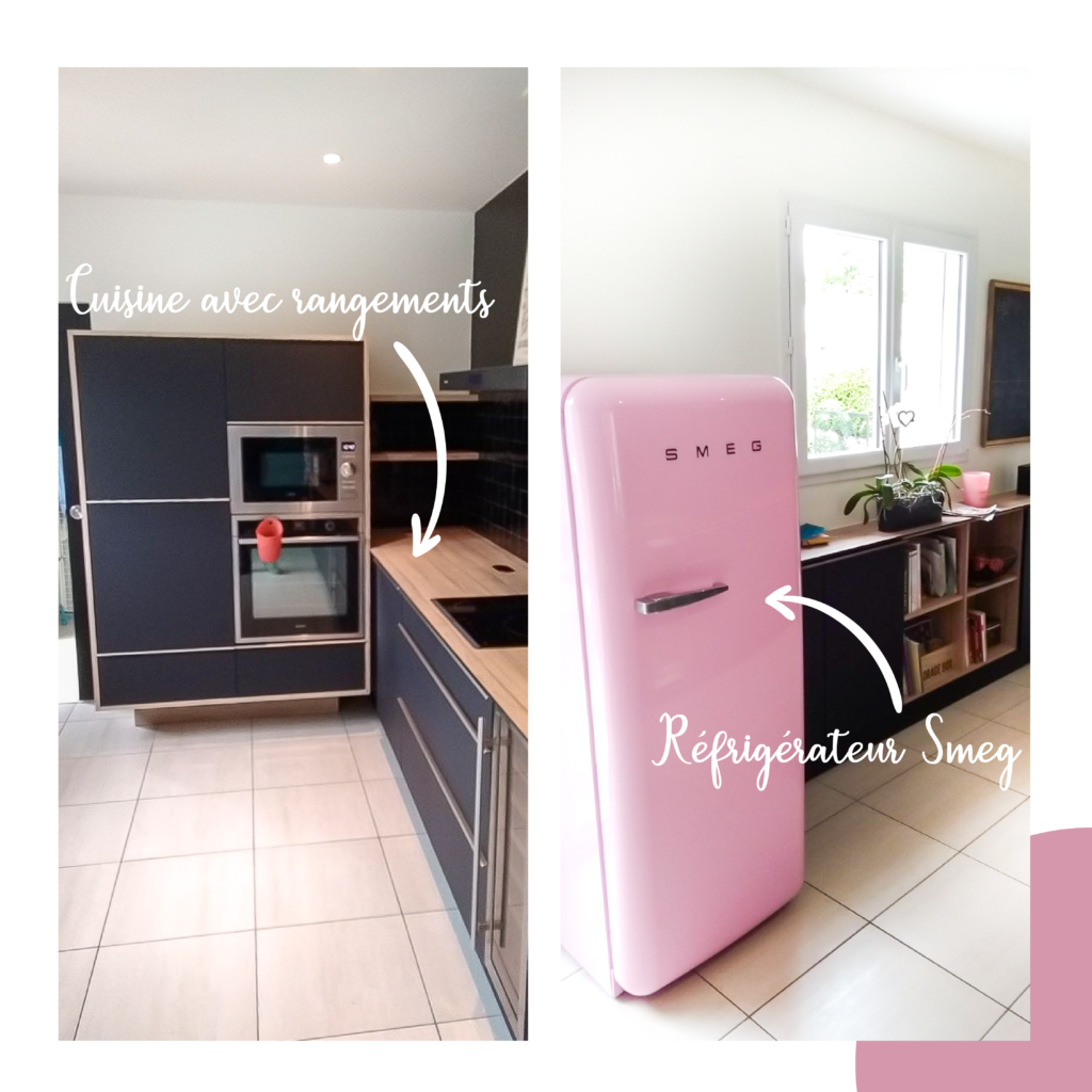 Une cuisine avec des rangements et un frigo SMEG de couleur rose